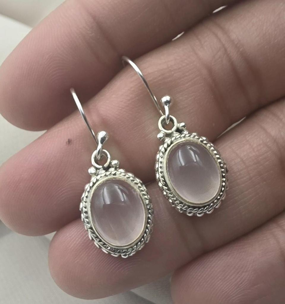 Rose Quartz Earrings 925 Sterling Silver Dangle Oval Gemstone Jewelry