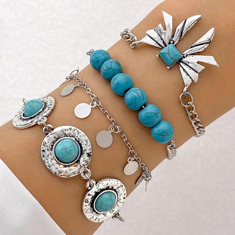 Bohemian Turquoise Leaf Bracelet, Ethnic Bow Flower Turquoise Bracelet Set
