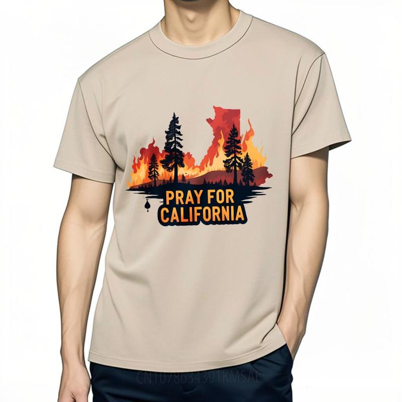 Übergroßes Sommer Herren T-Shirt Kalifornien Feuer Silhouette Bäume Gebet Kurzarm Bequem Rundhals T-Shirt