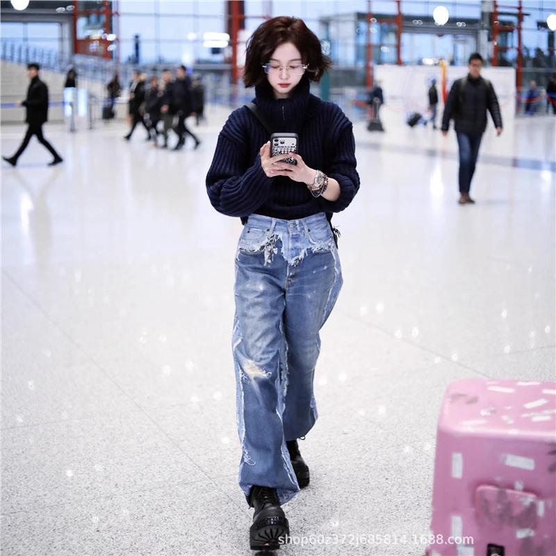 

Wu Xuanyi Style 3D Print Distressed Tassel Wide Leg Jeans for Women - Spring/Summer Collection Large