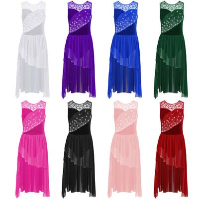 Girls Performance Dress Lace Patchwork Ruched Mesh Overlay Asymmetrical Hem Sparkly Rhinestones Dancewear