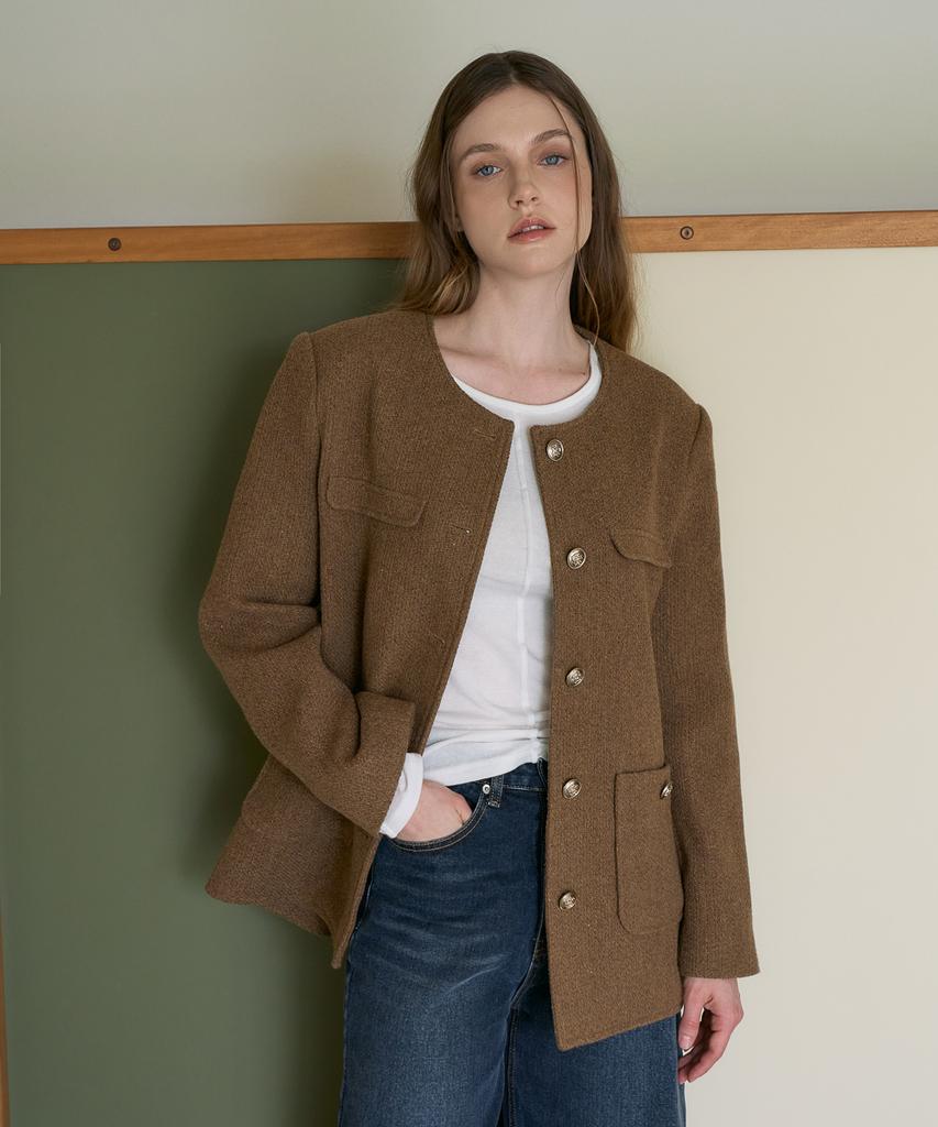 DEHEVE Classic Wool Collarless Jacket [Brown]