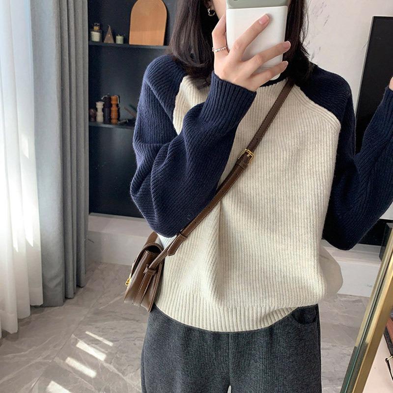 Autumn and winter new shoulder sleeve temperament casual color matching round neck long sleeve knitted sweater pullover sweater outside
