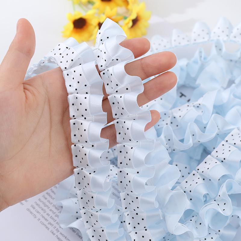 2.5cm Double-Sided Black Polka Dot Satin Ribbon with Double Layer Pleated Lace for DIY Doll Dress Hem Accessories
