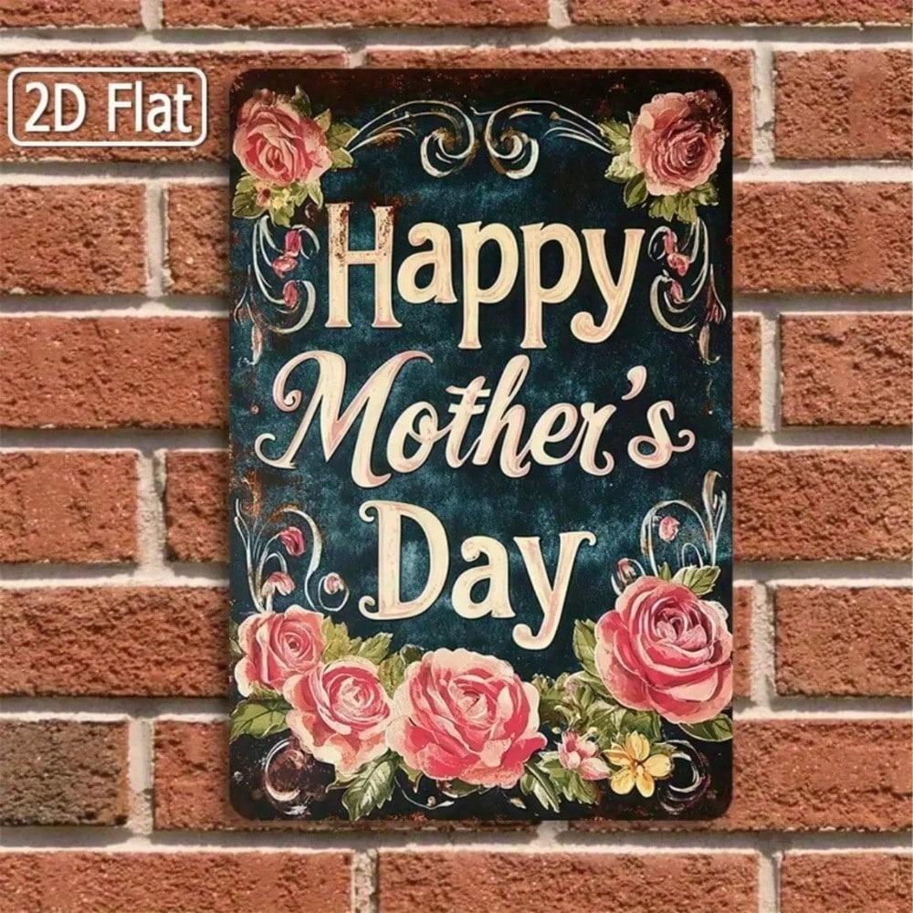 Vintage Mother's Day Tin Sign 8x12 Inch Pink Roses Floral Metal Wall Decor Rustic Farmhouse Gift