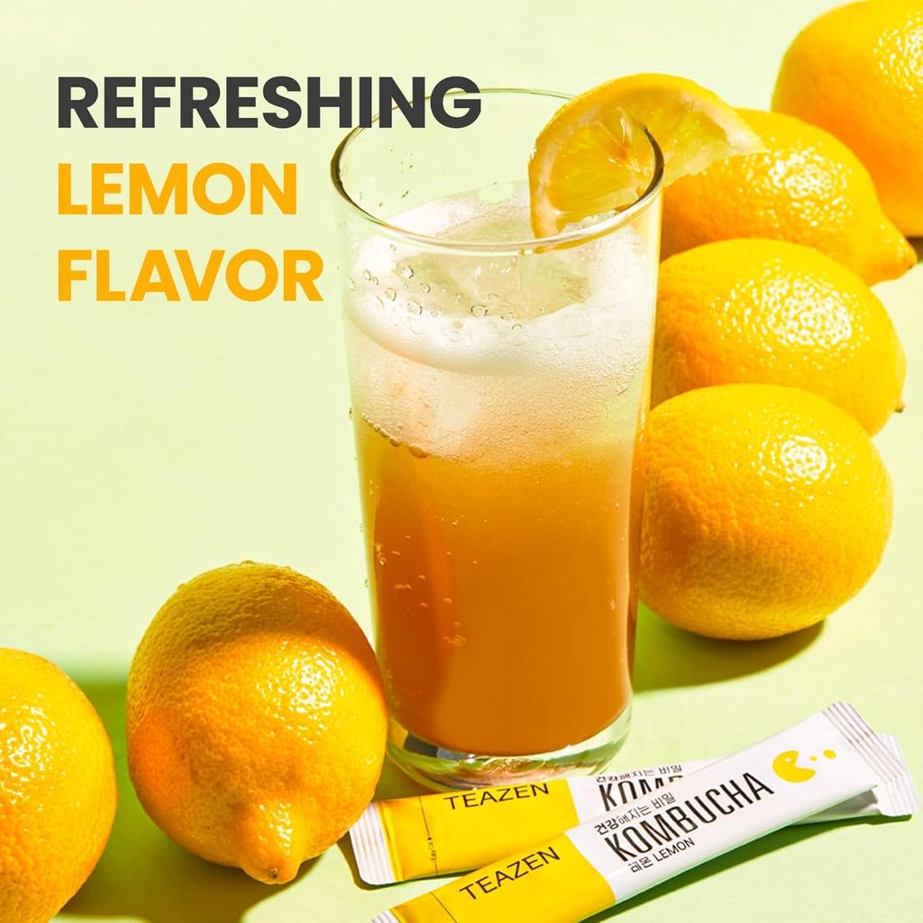 TEAZEN Lemon Kombucha Tea, bez cukru, musująca, fermentowana, w proszku, żywe probiotyki i prebiotyki, 10,30 saszetek po 5 g na saszetkę
