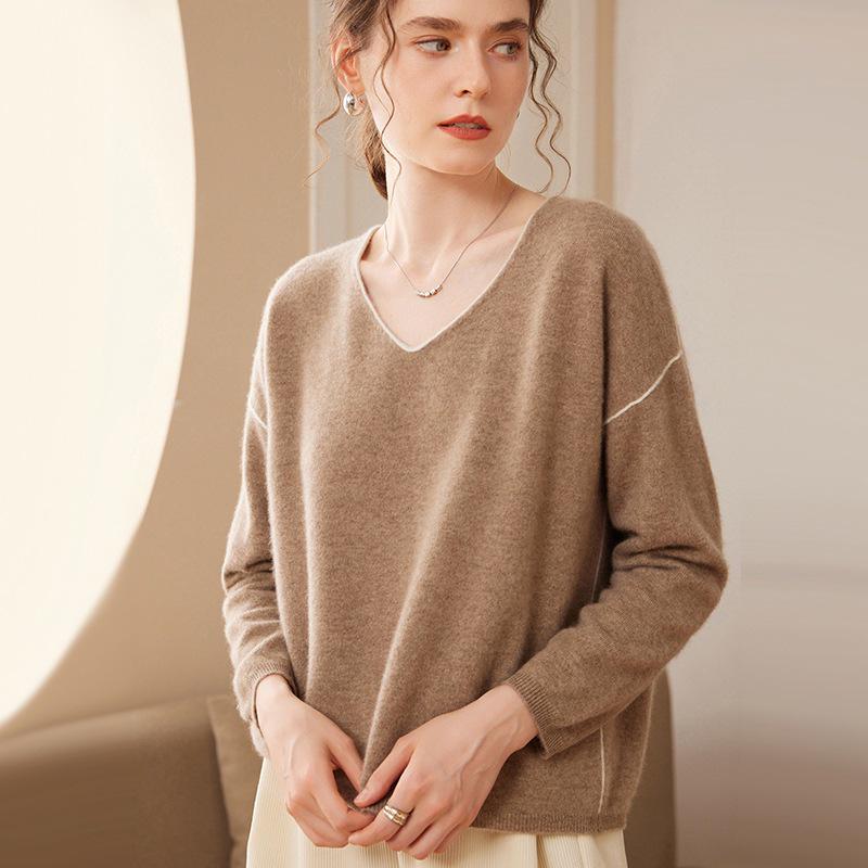 Women's V-Neck Cashmere Knit Pullover - Loose Fit, Long Sleeve, Autumn/Winter Fashion