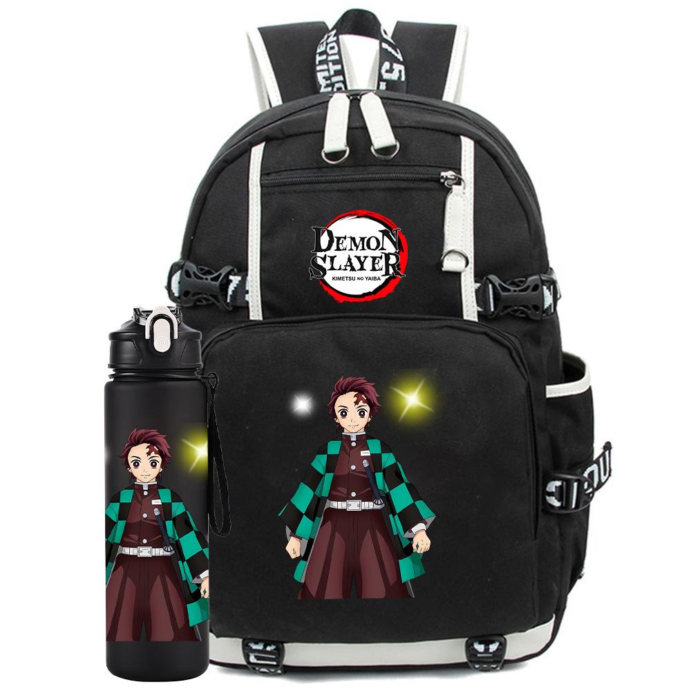 2Pcs/set Anime Demon Slayer Printed Backpack with 750Ml Water Bottler for Teenager Student Girl Boy Large Capacity Waterproof Bookbag Gift