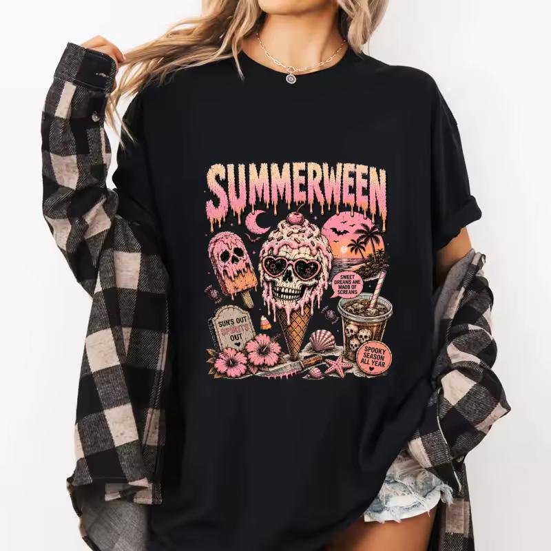 Summerween T Shirt Pastel Goth Halloween Tee Spooky Summer Graphic Tee Short Sleeve Round Neck Printed Tshirts