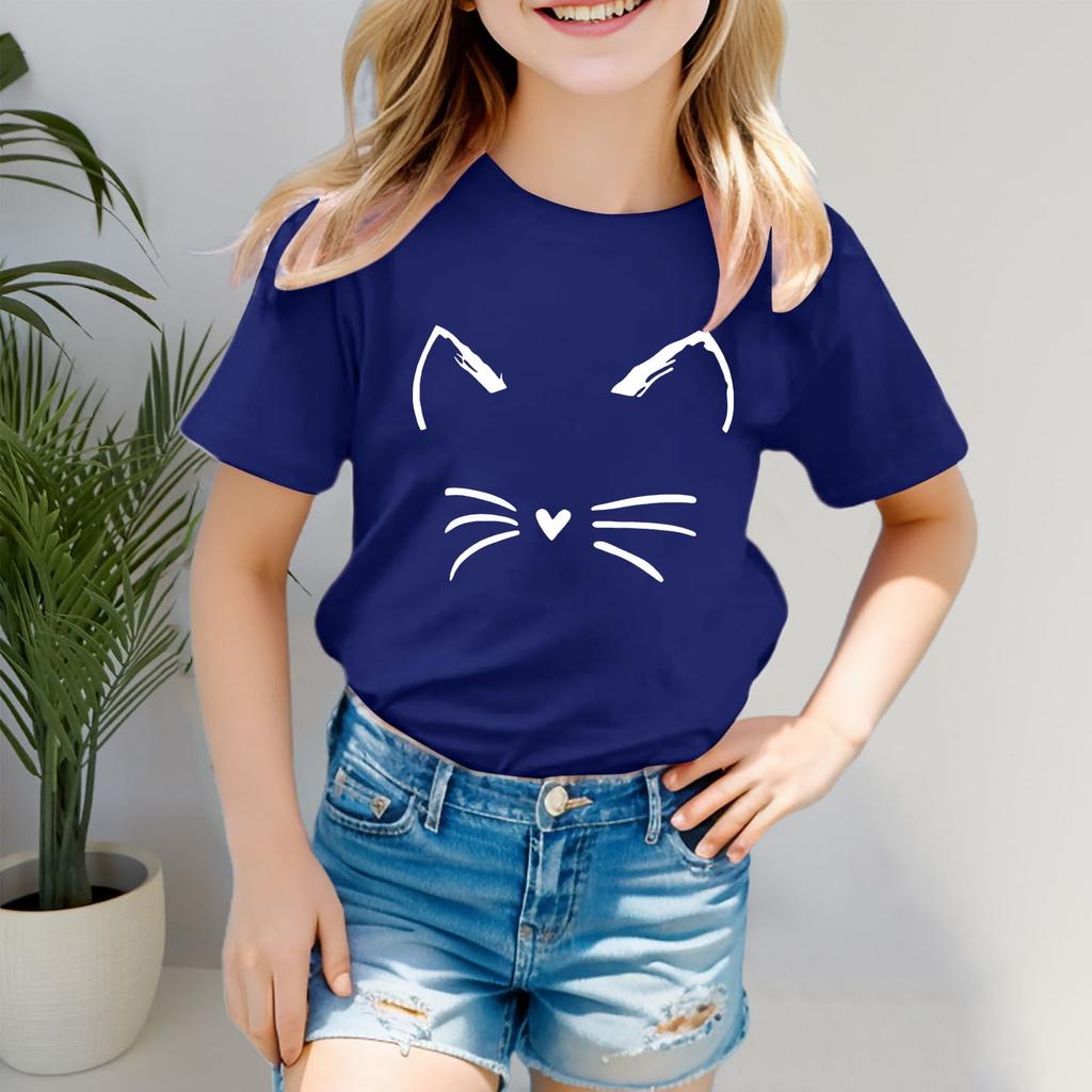 New Cat Face Print Children T-Shirt Short Sleeve Round Neck Loose Kids T-Shirt Ladies T-Shirts Children Casual T-Shirt Clothing