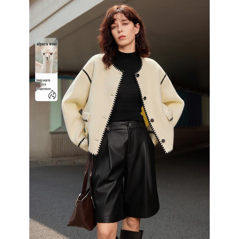 ELLE Women s Contrast Alpaca Wool Blend Bouclé Short Coat L