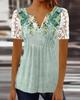 Women V‑Neck Short Sleeve T‑Shirt Lace Spliced Sleeve Pleated Button Solid Floral Print Casual Tops S‑5XL