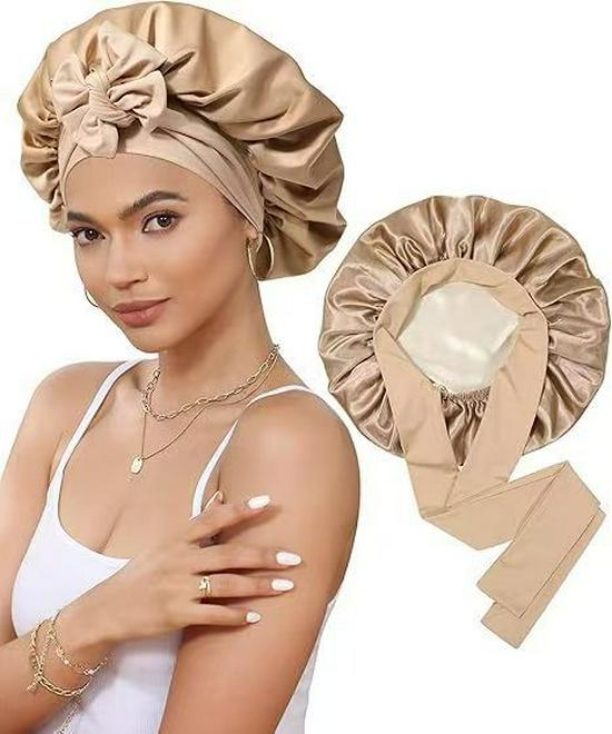 Doppellagige Satin-Schlafmütze mit Schleife, Hochelastischer breiter Rand, Damen Haar-Schal-Mütze