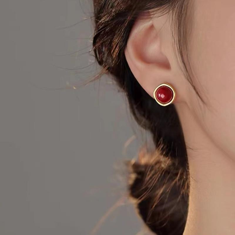 Real 925 Silver 14K Gold Red Bead Geometric Mini Stud Earrings For Women Classic Fine Jewelry Light Accessories