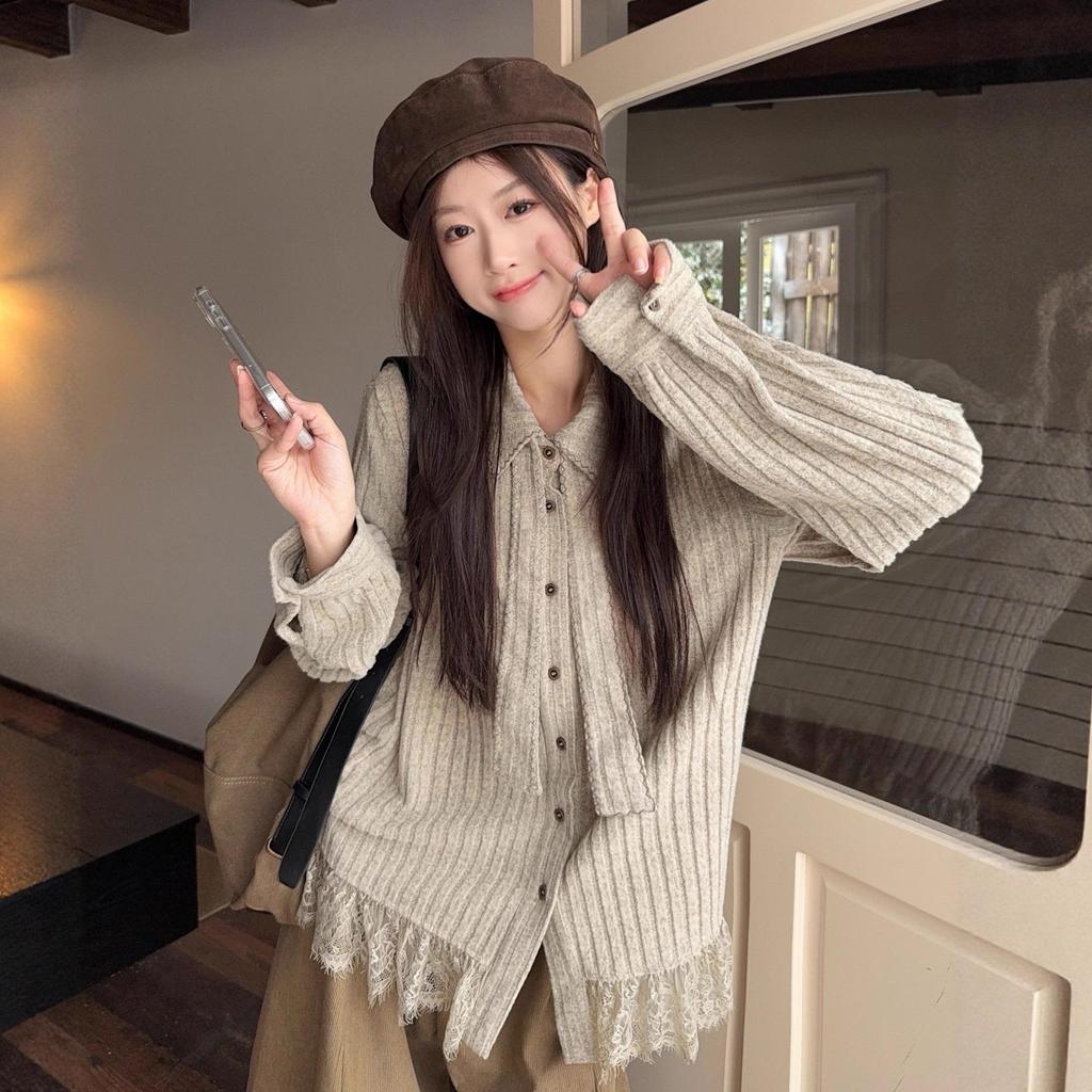 Women's Retro Lace Patchwork Knit Long Sleeve Shirt - 2026 Autumn/Winter Loose Fit