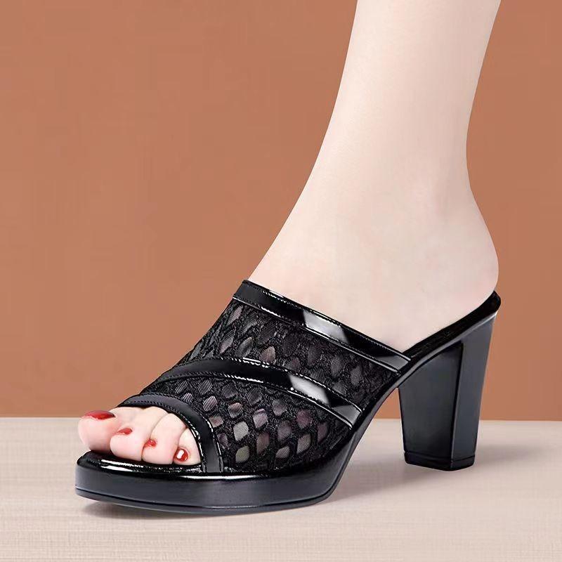 Women's Slippers And Ladies Sandals Heeled Shoes Black Job Slides Round Toe Fish Original Cheap Premium Korea Style 39 Pvc