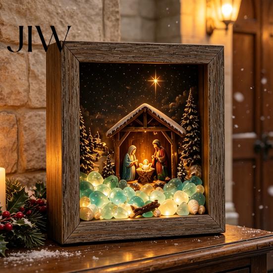Winter Birthday Present Christmas Snowy Night Light Picture Frame, Vintage Wooden Frame 3D Mini Retro Wood Photo Landscape Lamp, Desktop Atmosphere