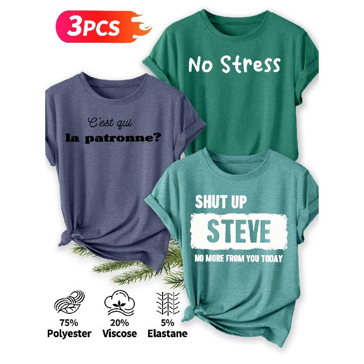 Three-piece set Elegant short-sleeved shirt for women French Who is the boss Funny Slogan No Stress Slogan Refuse Fun slogan print S