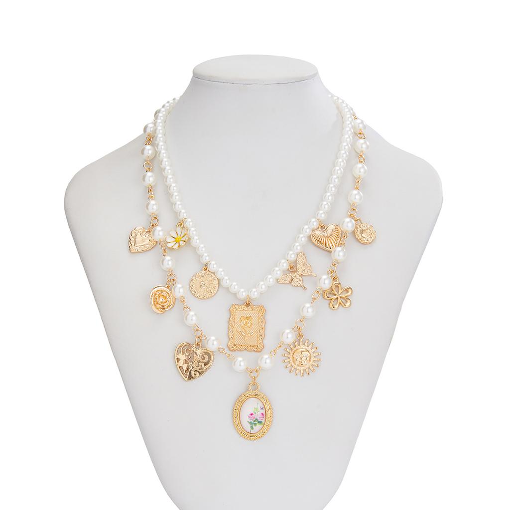 Holiday Style Butterfly Sunflower Alloy Necklace Sexy Spice Girls Pearl Beaded Collarbone Chain Fashion Retro Light Luxury Women's Necklace