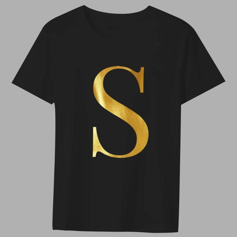 Fashion T-shirt Black Men's 26 English Letters Gold Printing Pattern Series Casual Round Neck Commuter Comfortable Top T-Shirts Men’s