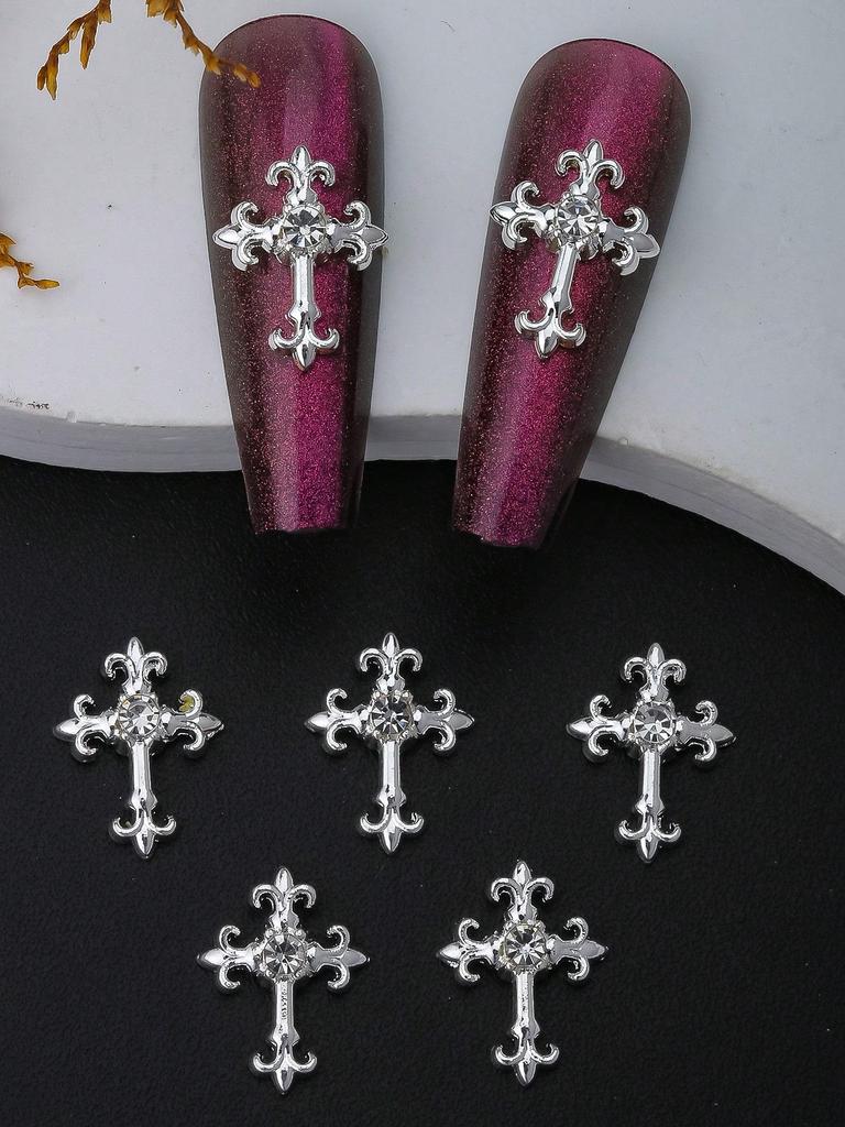 10pcs Gold SilverCross Nail Charms 3D White Pink Rhinestones Nail Art Decorations DIY Nail Gems Nail Supplies