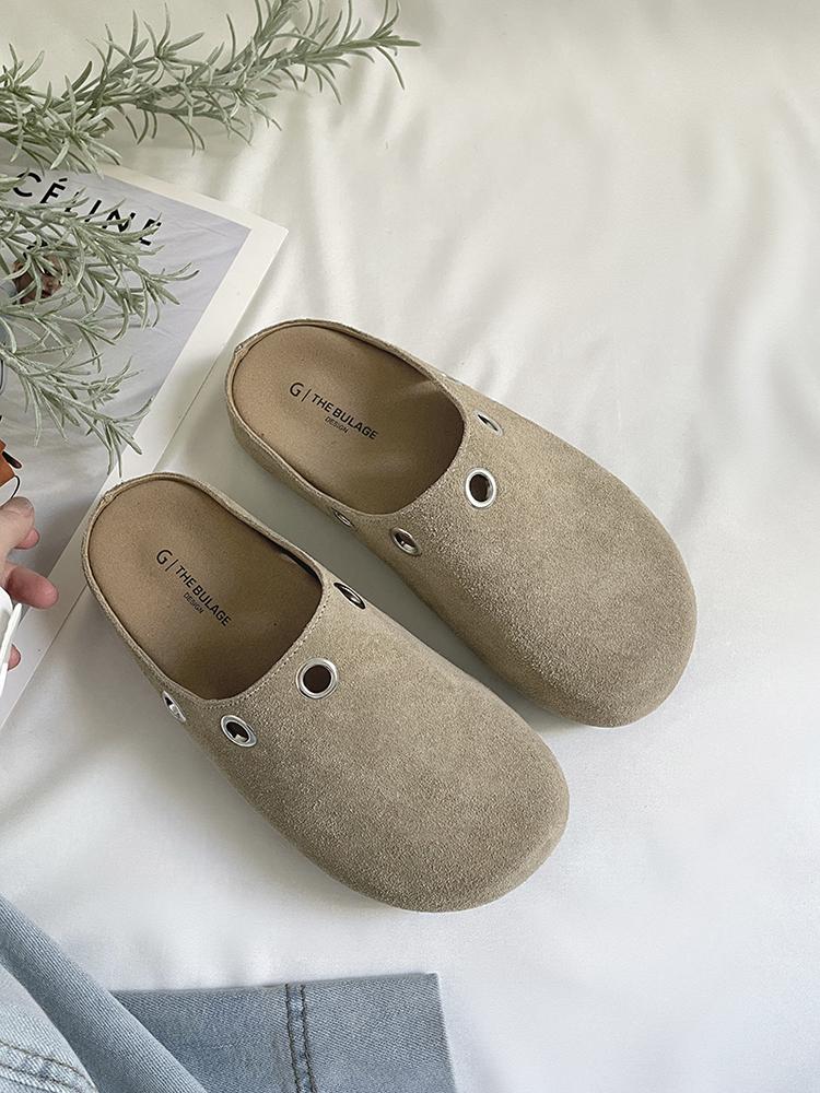 

2025 Spring New Closed Toe Slippers Women s Round Toe Deep Mouth Rivet Soft Sole Anti-slip Wear-resistant Flat Shoes 39 бежевый