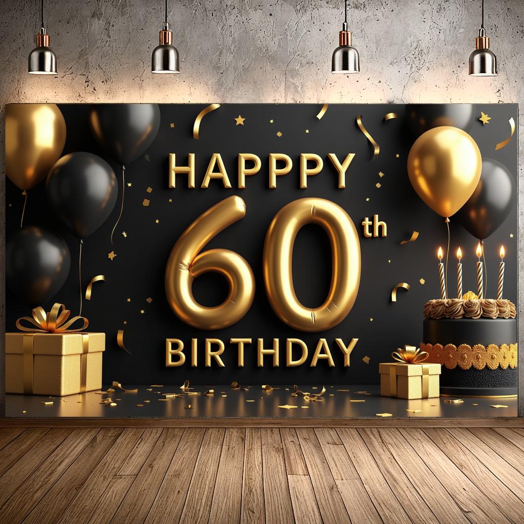 Sparkling Glittery 60th Happy Birthday Banner Black Gold Balloon Birthday Party Decoration Backdrop Photography Background Props