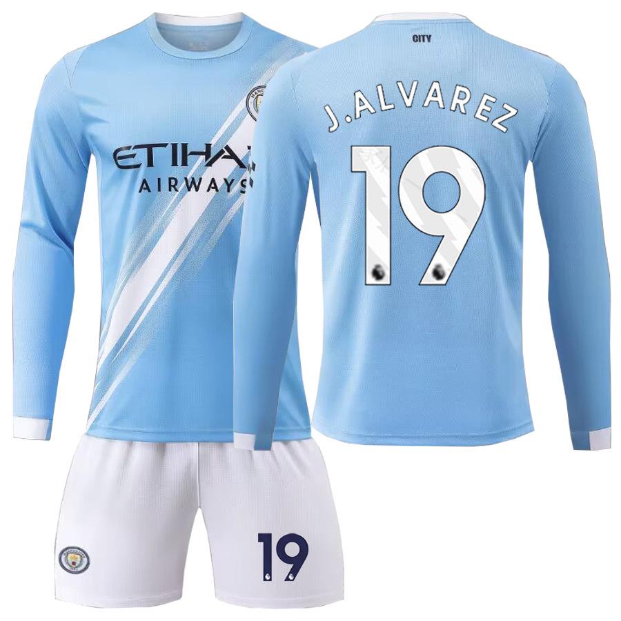 Set Maglia a Maniche Lunghe da Casa per Bambini del Manchester City: Haaland #9, Foden #47, Mahrez #7.