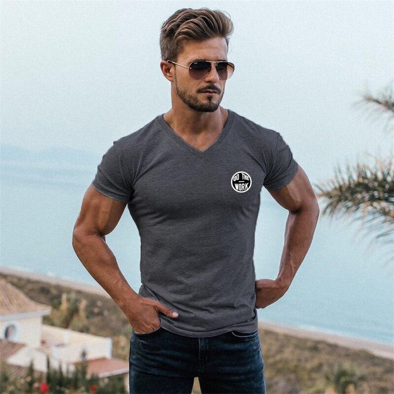 Muscleguys Mens  Pritned V-neck  Best Seller  Short Sleeve Comfortable T-shirt Cotton Fashion Casual Breathable Short Sleeve Tees