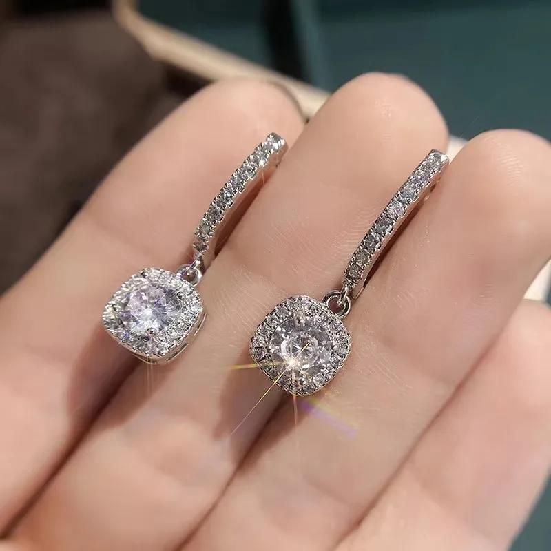 4-claw Square Shiny Zircon Inlaid Dangle Earrings Elegant Temperament Silvery Plated Material Exquisite Gift For Women Girls