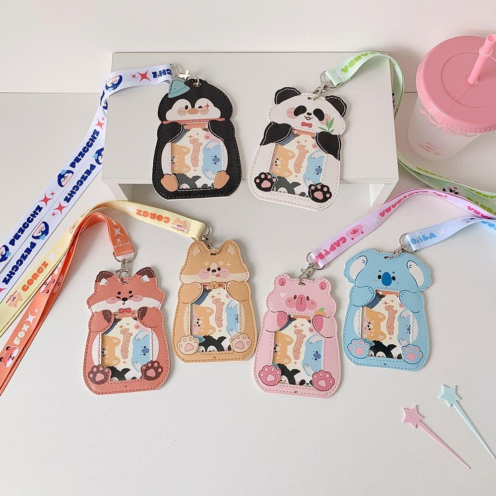 New Cartoon Animal Card Holder With Lanyard Badge Holder Children's Bus Card Case Waterproof PU Leather ID Holdersr