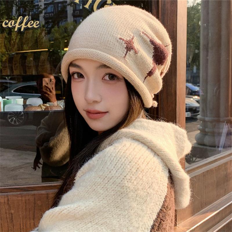 Star Pattern Curling Drawstring Beanies For Women Autumn And Winter Warm Ear Protection Versatile Retro Knitted Pullover Hats