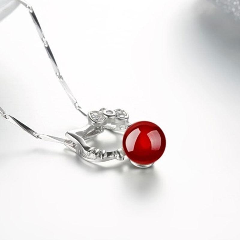 Red And Black Agate Cat Pendant Necklace Women'S Silver-Plated Necklace Pendant Collarbone Chain