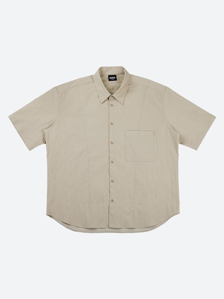 NINEZ Wide Shoulder Oversized Short Sleeve Shirt (Beige) 24Sh01