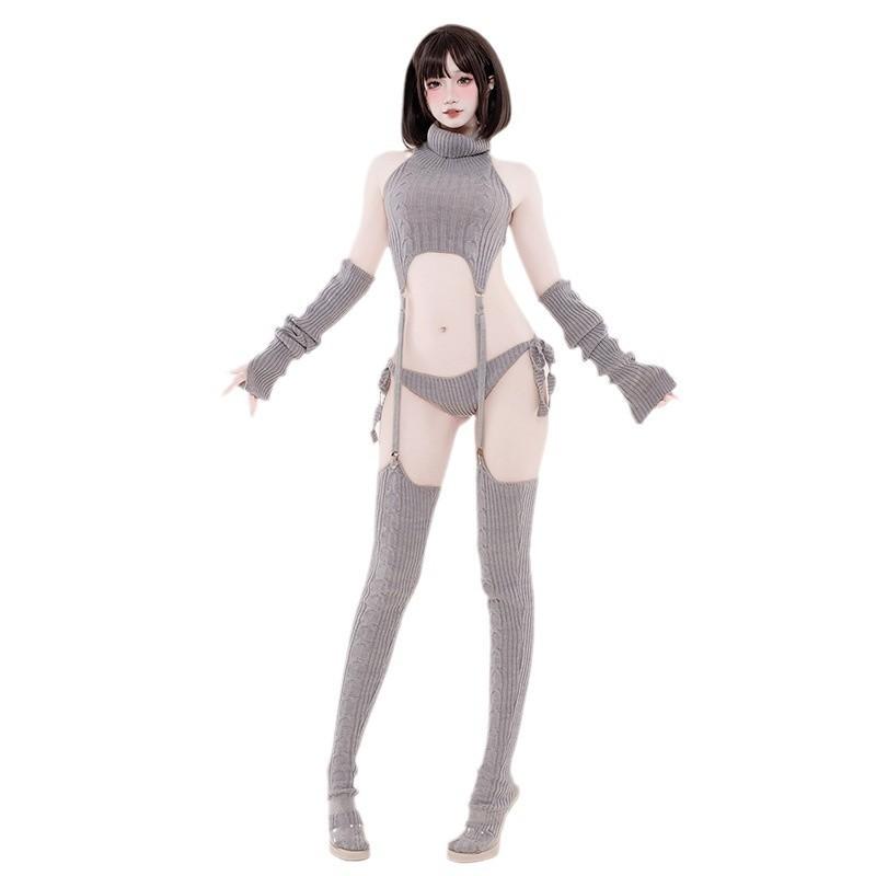 Erotic Sexy Anime Cat Girl Gray Turtleneck Sweater Uniform Outfit Cosplay Women Backless Knit Clothes Garter Stocking Costume