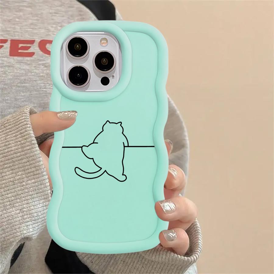 Soft Phone Cover Case for iPhone 8 11 14 XR 15 Plus 16 Pro Max 13 17 Air 12 Cute Line Cat