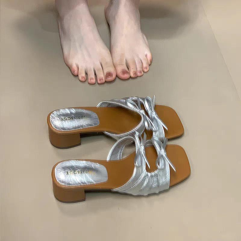 Small Heel With Sandals Slippers Women'S Summer Wear Low Soft-Soled Sandals Bow French Skirt