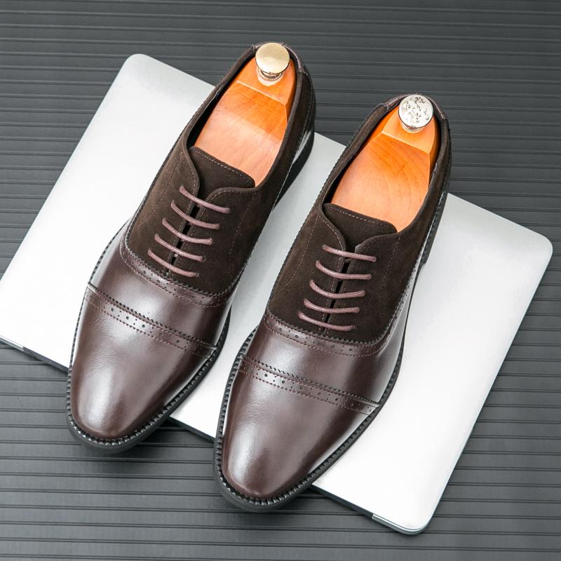 New Men's Black Brown Pointed Suede Mix Leather Casual Brogues Shoes Male Wedding Dress Homecoming Footwear Zapatos Hombre