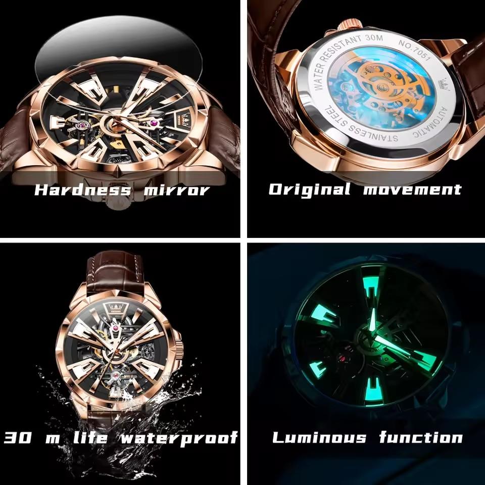 OLEVS 7051 Fashion Hollow Men's Watches Brown Leather Strap Waterproof Automatic Mechanical Wristwatch Luxury Man Watch New
