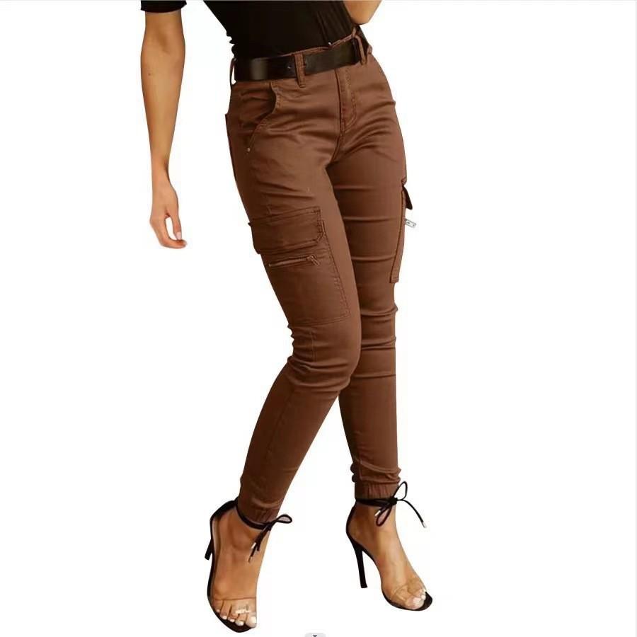 New European & American Women's Low-Waist Jogger Pants - Solid Color, Buttoned, Pocket, Skinny Fit