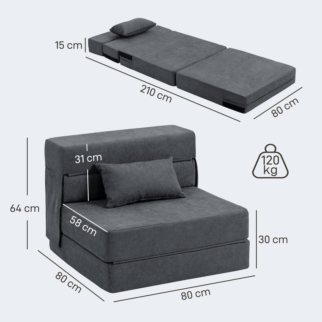 Floor Sofa, Upholstered Couch, Convertible Into Mattress, Foam, Cushion, Dark Grey