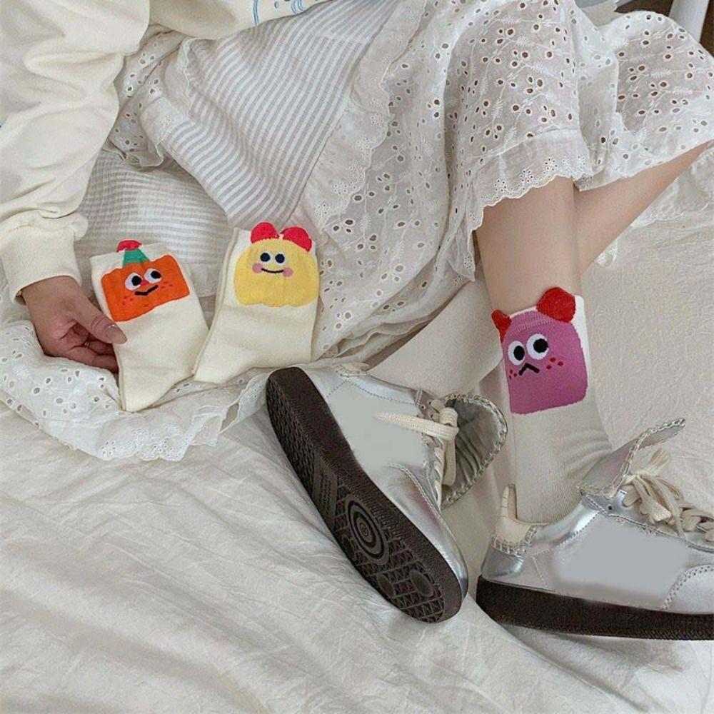 5Pairs Patchwork Short Socks Women Cute Mid Calf Socks Funny Cartoon Tube Socks  Lady