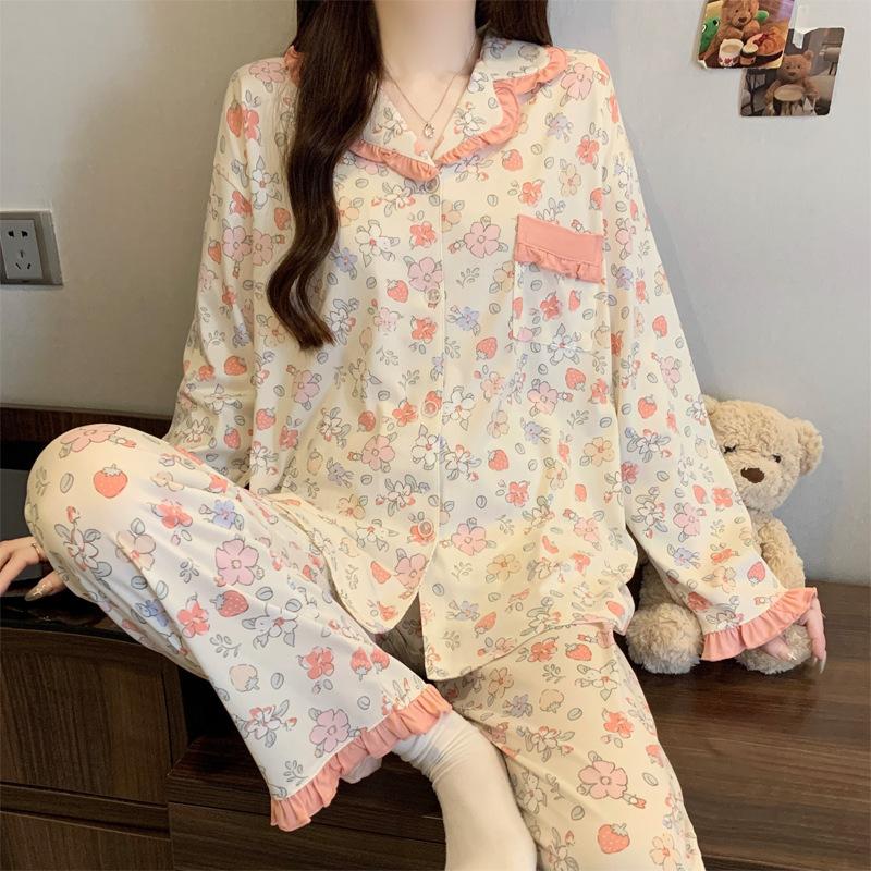 Contrasting color dachshund dog imitation cotton pajamas women's spring and autumn new sweet lace long-sleeved loose loungewear