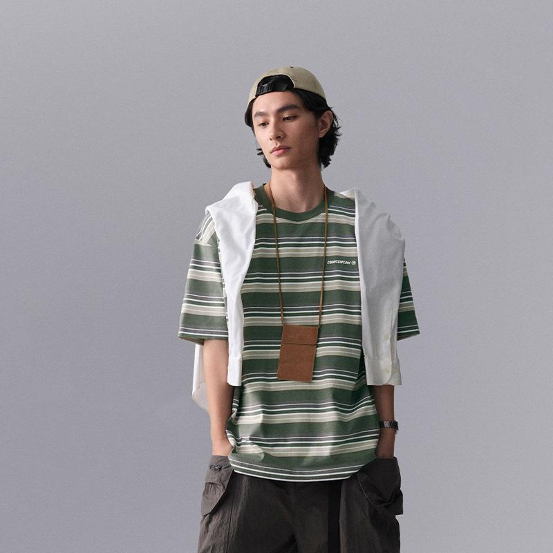 Li Ning CF Water Flow Full Print Striped Round Neck Pullover Comfortable Cool Loose Short Sleeve T-Shirt Men T-Shirts Dark-Green ATSU631-1
