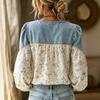Damska jesienna vintage jeansowa koszula z dekoltem w serek i długim rękawem, patchwork