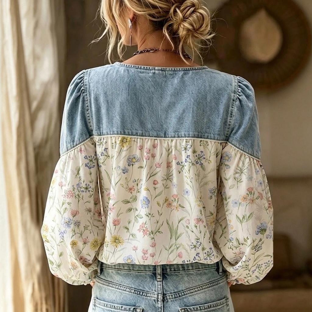 Damska jesienna vintage jeansowa koszula z dekoltem w serek i długim rękawem, patchwork