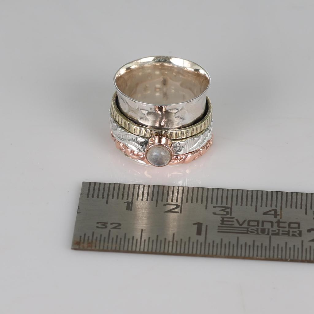 Anello Rotante Pietra di Luna, Anello a Fascia Tre Toni, Gioielli Pietra di Nascita, Anello per Ansia
