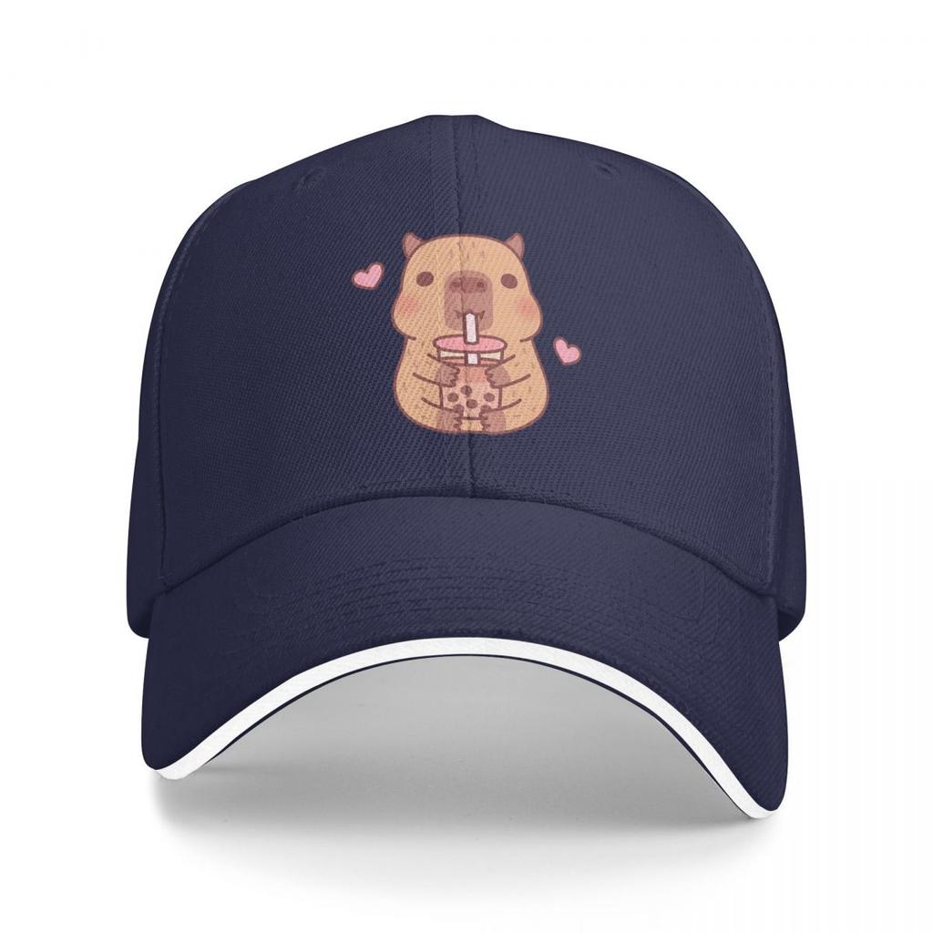 Cute Capybara Loves Bubble Tea Thermal Baseball Caps Snapback Baseball Hats Breathable Casual Casquette Outdoor Unisex