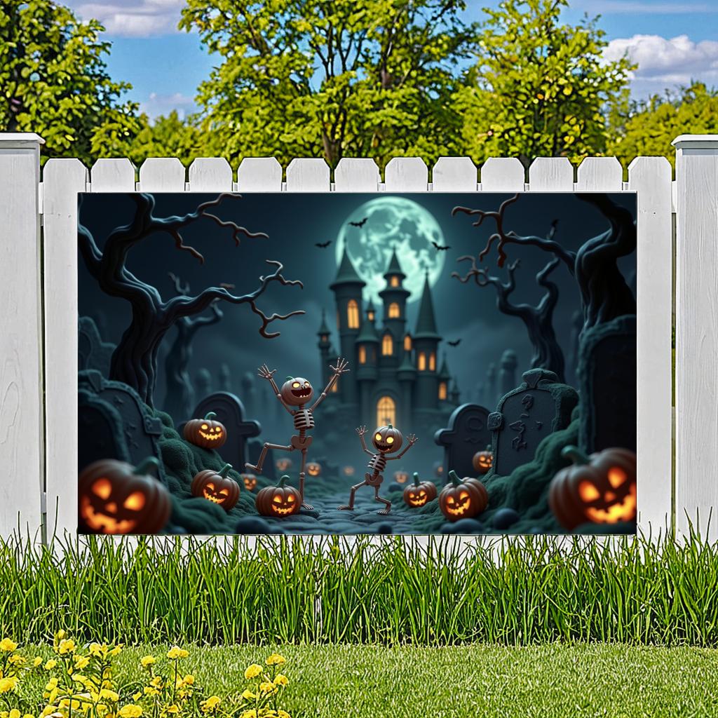 Scary Backdrop Skeleton Theme Spooky Decoration Halloween Night Banner Full Moon Halloween Banner For Scary Celebration Spooky