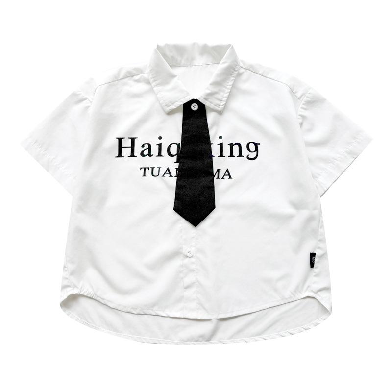 Boys 2026 Korean Style Summer Lapel Shirt Set - Trendy Solid Color 110 cm
